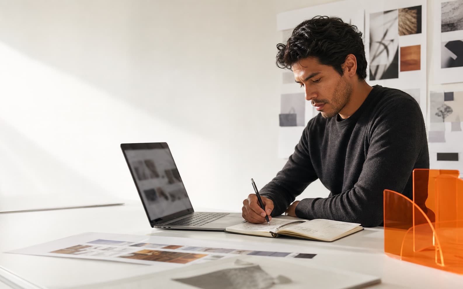 Profesional construyendo un flujo de contenido y dirección visual desde un estudio luminoso.