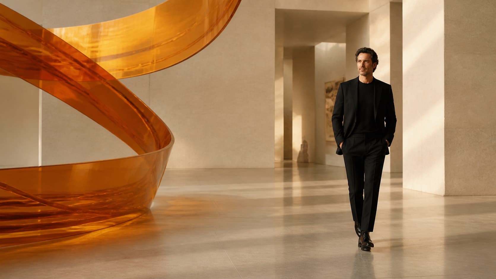 Director creativo caminando por una galería contemporánea junto a una instalación escultórica ámbar.