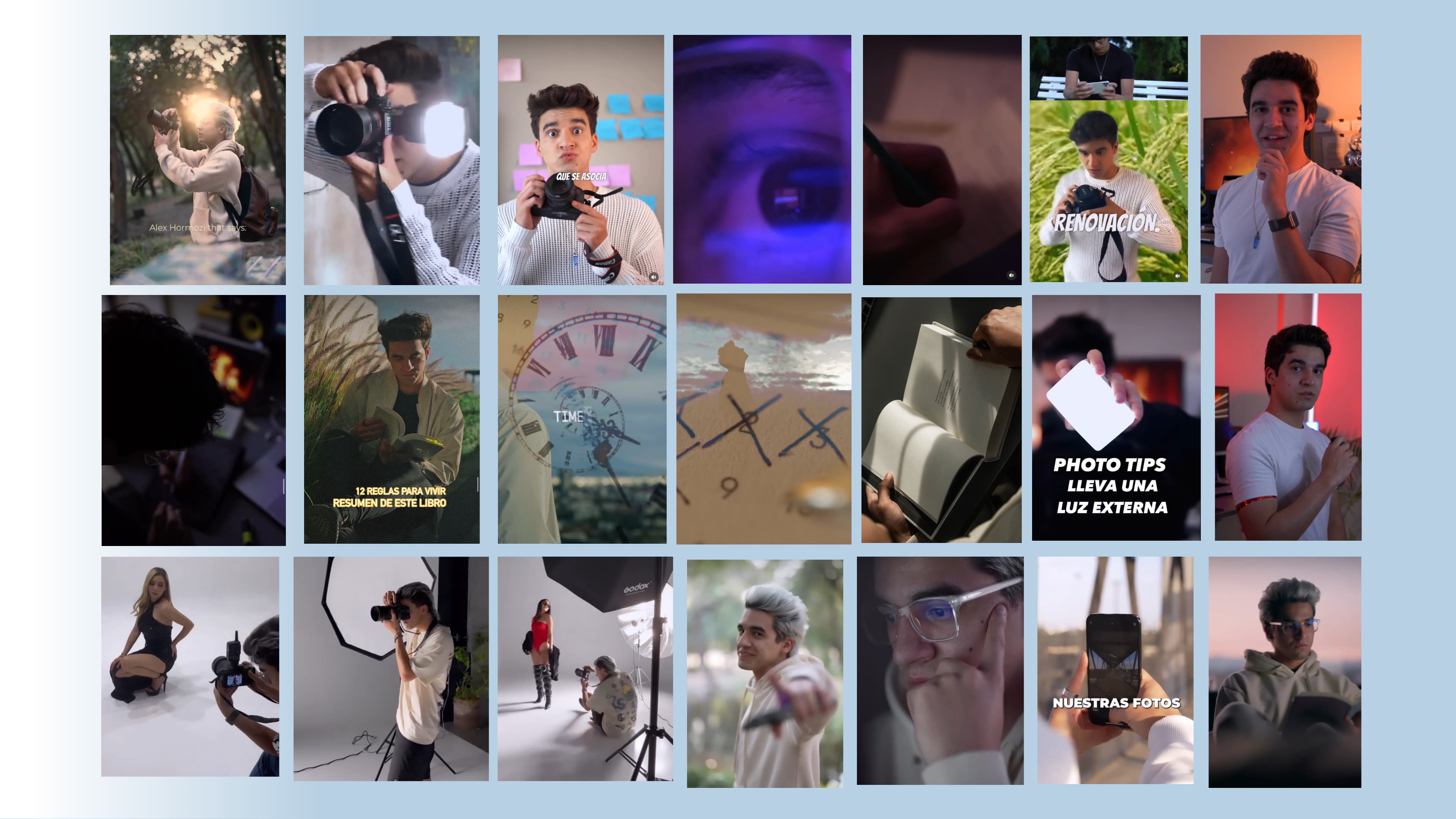 Grid of short-form visual studies and photography edits