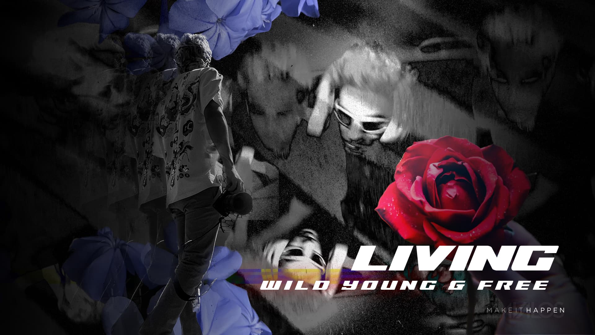Editorial collage with a red rose, blue flowers and a photographer