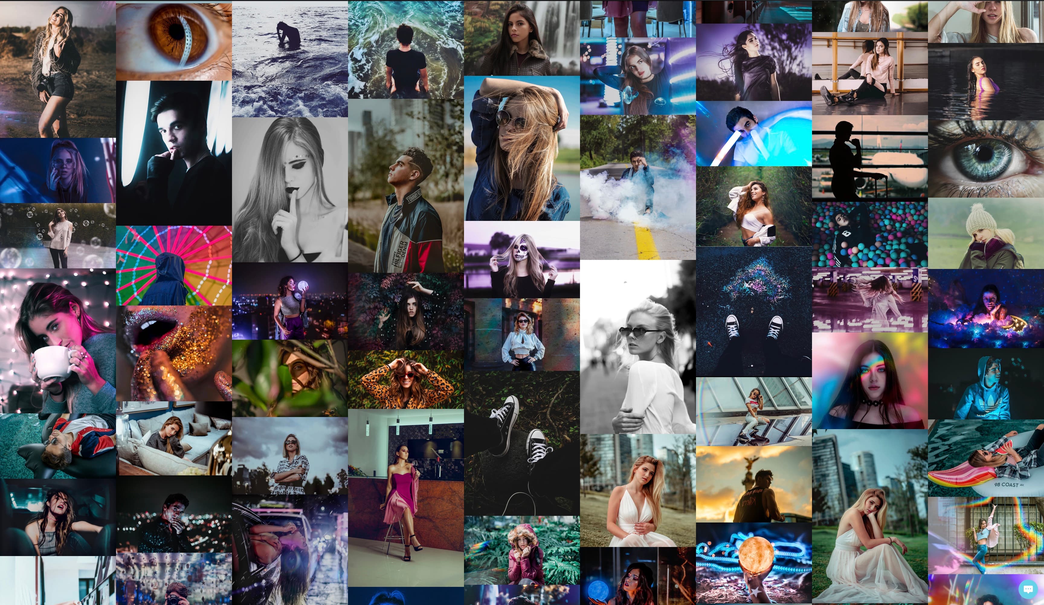 A collage of editorial portraits, color and cinematic scenes