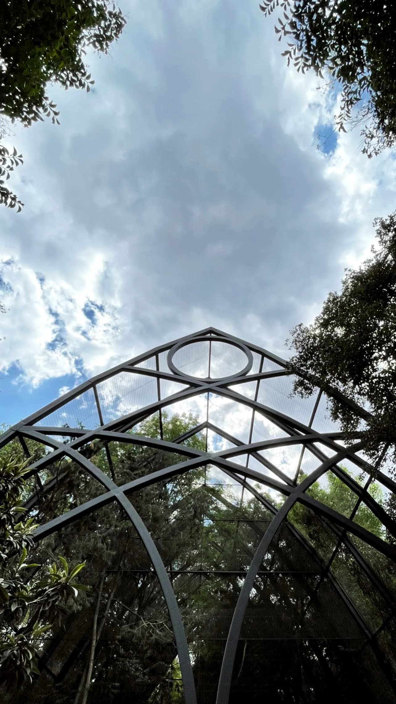 Dark garden structure framing trees and open sky