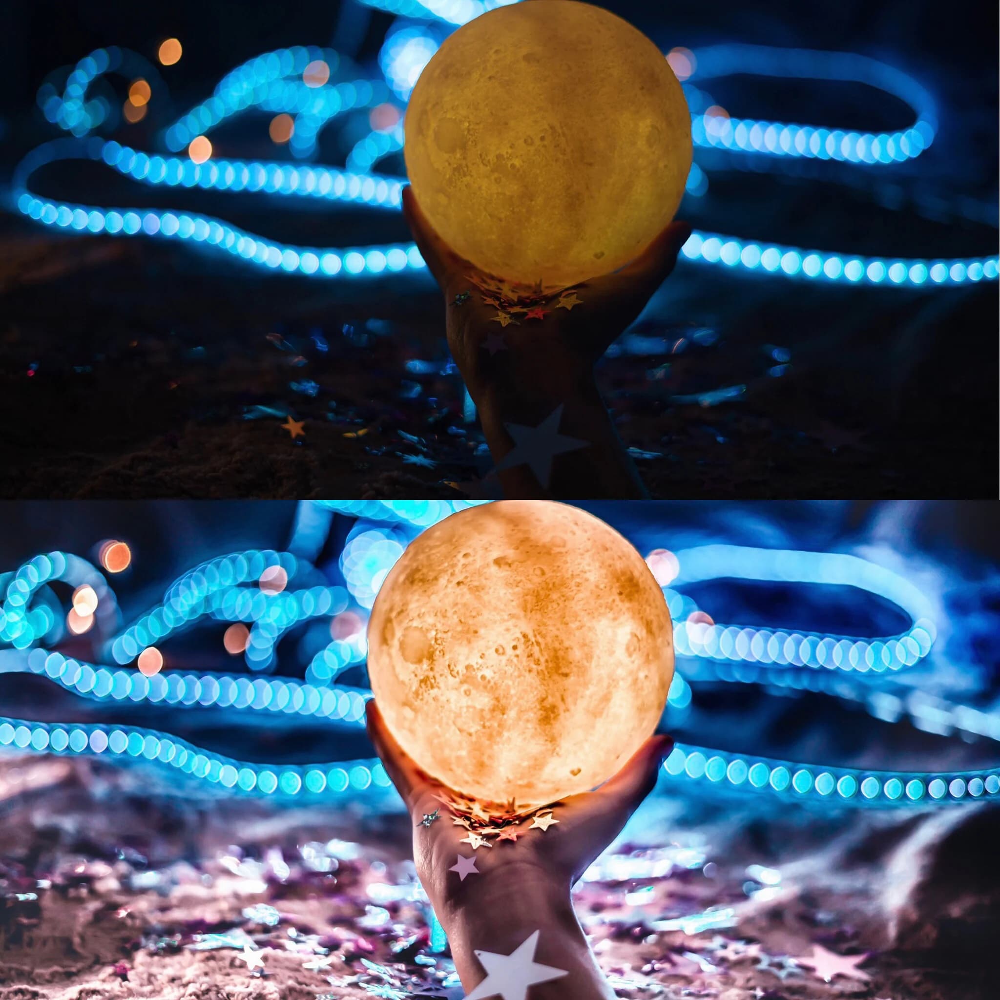 A two-panel moon image held above scattered stars and blue lights