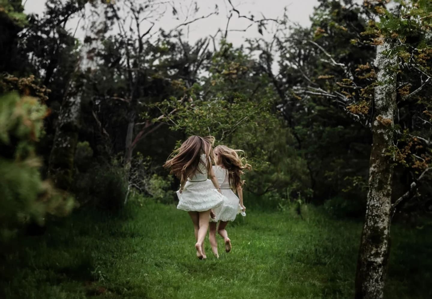 Two figures in white dresses floating through a green woodland clearing