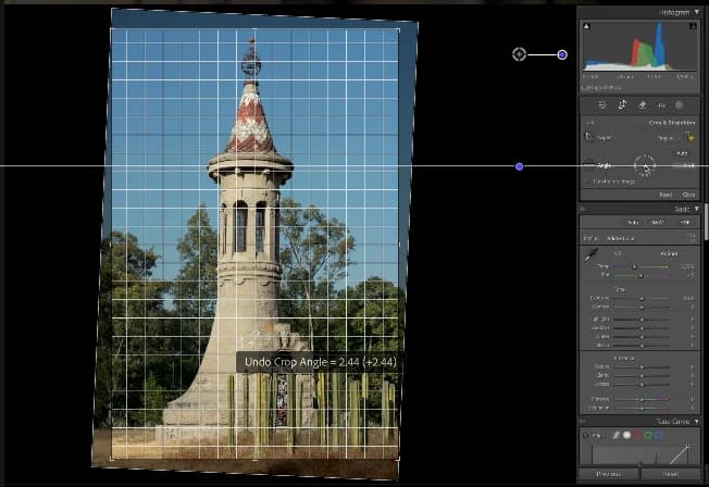 Editing workspace showing a carefully aligned architectural photograph of a tower
