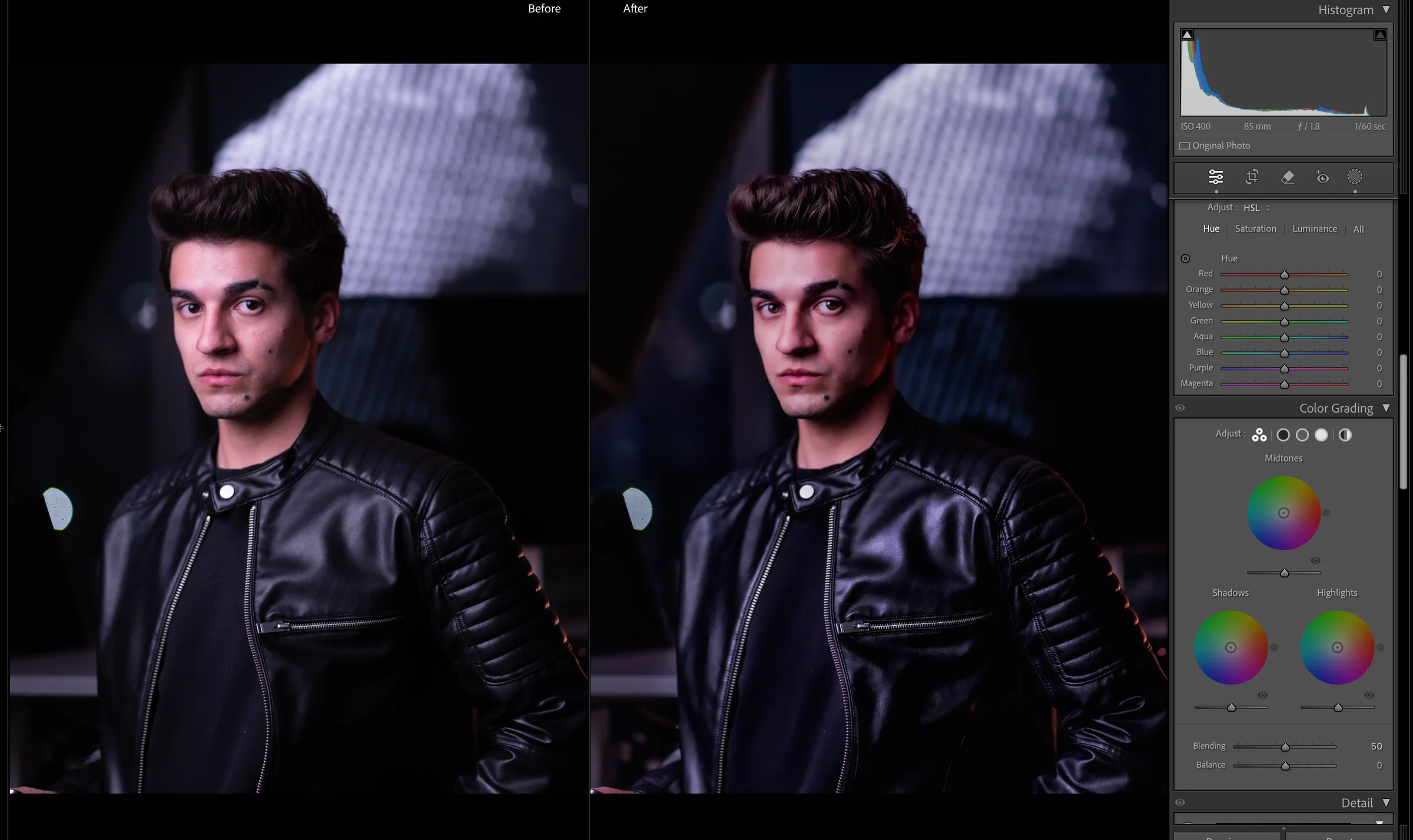 Before and after comparison of a portrait color grade in a photo editing workspace